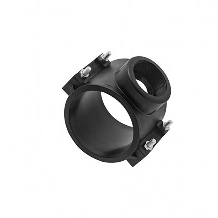 Plastična sedlasta obujmica 110 mm sa 2" unutrašnjim navojem za bočni priključak na PE cev